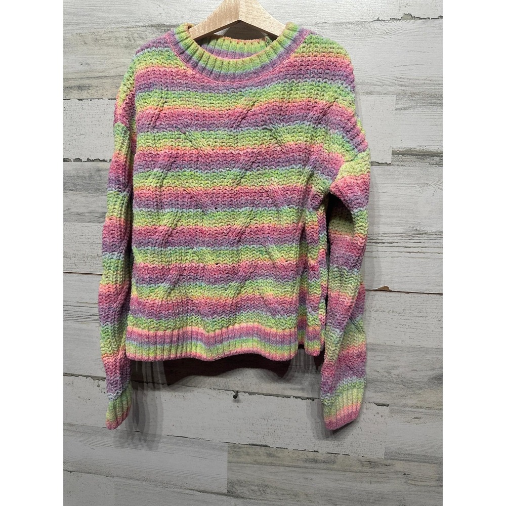 Sugar & Jade Rainbow Chenille Cable Knit Sweater Girls Large Sparkle EUC